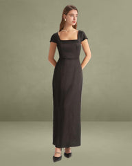 Black Square Neck Cap Sleeve Maxi Dress