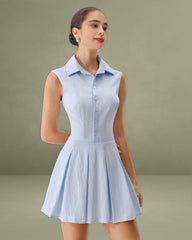 Blue Button A-Line Sleeveless Mini Dress