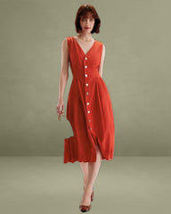 Red V-neck Button Sleeveless Midi Dress