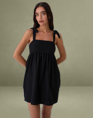 Kayla Square Neck Mini Dress in Linen Black