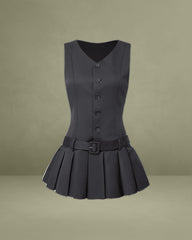 Black V-Neck Sleeveless Belted Mini Dress