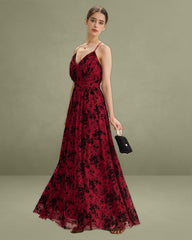 Red Floral Flocked Mesh Slit Long Dress
