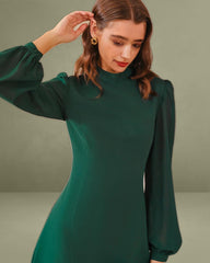 Green Chiffon Mock Neck A-Line Midi Dress