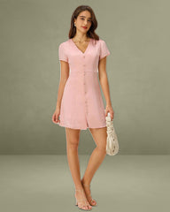 Pink V Neck Button Mini Dress
