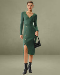 Green Slit Wrap Sweater Dress
