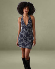 Corla Mini Dress in Check Floral Blue