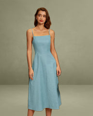 Blue Square Neck Shirred Slip Midi Dress
