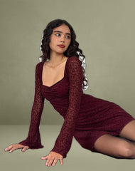 Luth Mini Dress in Ditsy Flocked Burnt Maroon