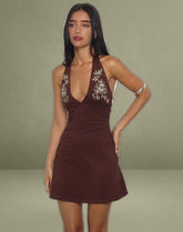 Hepzhi Mini Dress in Bitter Chocolate with Floral Embroidery