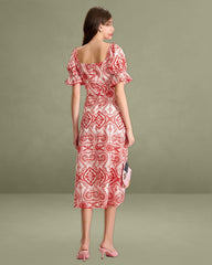 Women's Geometric Embroidery Ruffle Cotton Midi Dress