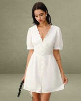 White V-Neck Ruched Mini Dress