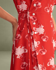 Red Floral A-Line Wrap Mini Dress