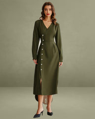 Green Ruched Button A-Line Maxi Dress