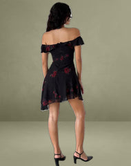 Ursula Bardot Mini Dress in Black Vintage Rose