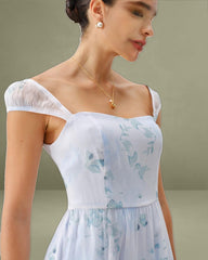 Blue Floral Sweetheart Neck Slip Midi Dress