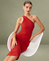 Red Knit One shoulder Midi Dress