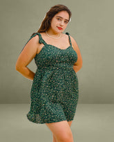 Green Floral Tie Strap Plus Size Mini Dress