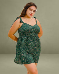 Green Floral Tie Strap Plus Size Mini Dress