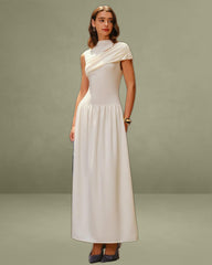 Beige Ruched Cap Sleeve Maxi Dress