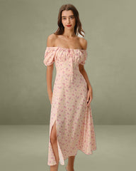 Pink Floral Square Neck Puffed Sleeve Midi Dress