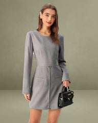 Grey A-Line Long Sleeve Mini Dress