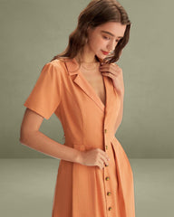 Orange V Neck Pleated Button Midi Dress