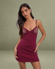 Dimaya Mini Dress in Burgundy with Floral Embroidery