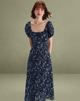 Navy Floral U-Neck Puffed-Sleeve Maxi Dress