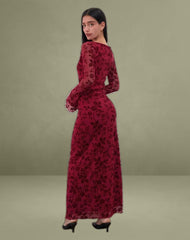 Slokya Long Sleeve Maxi Dress in Vine Floral Flock Cherry