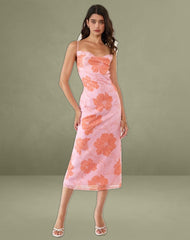 Rujira Cowl Midi Dress in Floral Pink Orange