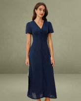 Blue V Neck Button Pleated Midi Dress