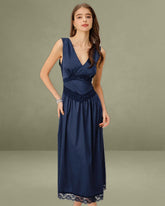 Blue V Neck A-Line Sleeveless Midi Dress