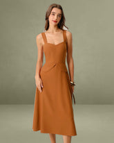 Caramel Sweetheart Neck Slip Midi Dress