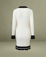 White Contrasting V Neck Button Dress