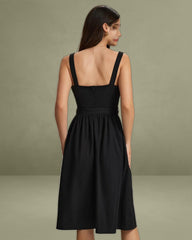 Black A-Line Square Neck Ruched Slip Midi Dress