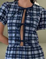 Byan Tie Front Dress in Tartan Dark Blue