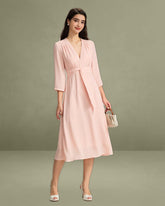 Pink V-Neck Pleated Midi Dress