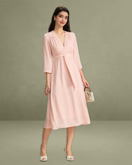 Pink V-Neck Pleated Midi Dress