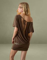 Amelina Backless Asymmetric Mini Dress in Dark Brown