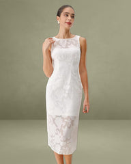 White Lace Boat Neck Midi Dress