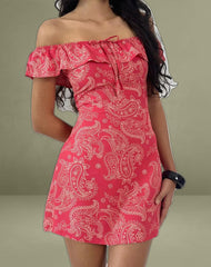 Kenja Bardot Mini Dress in Retro Paisley Pink
