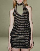 Daphnis Backless Halterneck Mini Dress in Lurex Gold Stripe