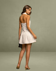 White Ruched Halter Backless Mini Dress