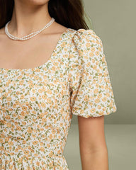 Yellow Floral Puffed Sleeve Midi Dress