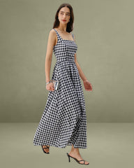 Black Plaid Square Neck Pocket Slip Maxi Dress