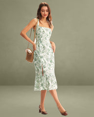 Green Floral Square Neck Midi Dress