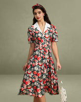 Black Floral Contrast Midi Dress