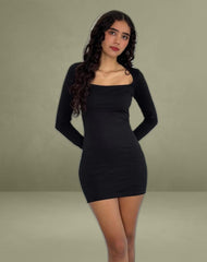 Janjisu Long Sleeve Lycra Bodycon Mini Dress in Black