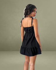 Nigta Tie Front Mini Dress in Poplin Black