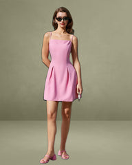Pink Square Neck Slip Pleated Mini Dress